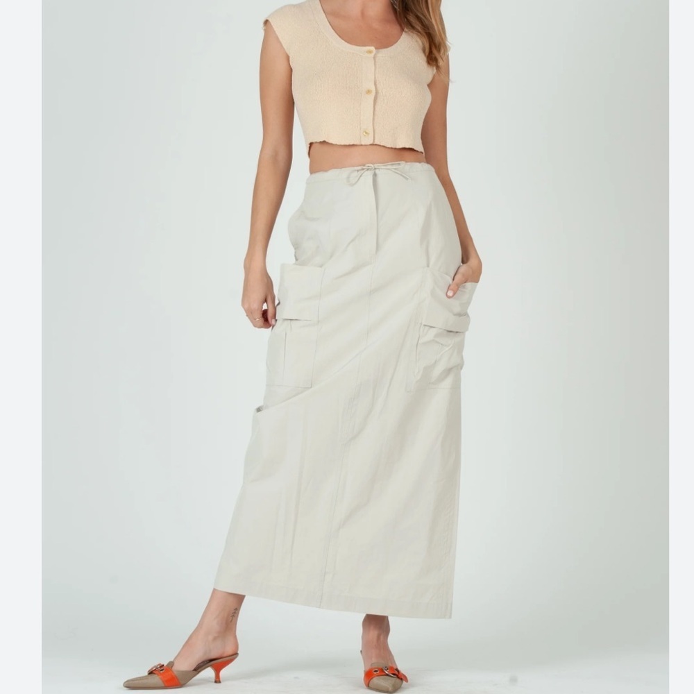 LUCCA LIGHTWEIGHT PERFORMANCE COTTON POLY CARGO MAXI SKIRT KHAKI SIZE MEDIUM NWT - Picture 2 of 10